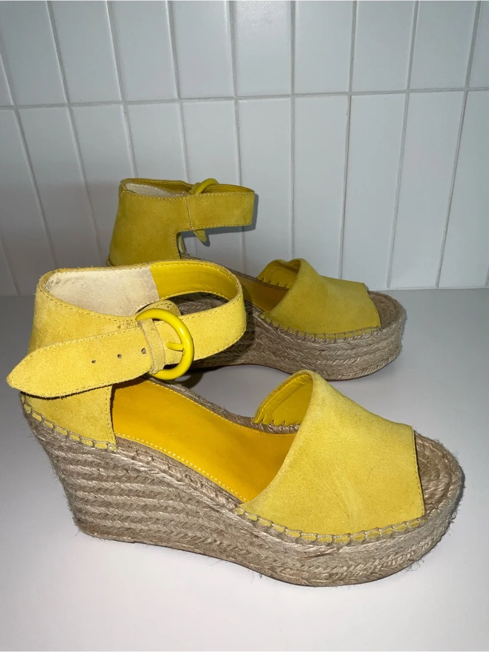 Marc Fisher Yellow Suede Espadrille Wedge Sandals